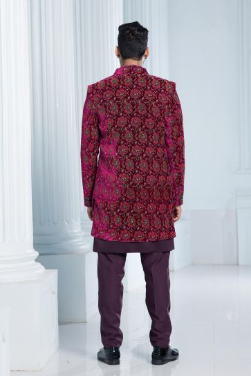 Velvet Fabric Wine Color Riveting 3 Piece Jacket Set For Men