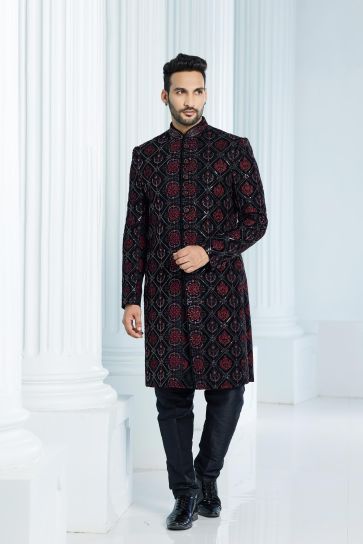 Black Color Velvet Fabric Attractive Indo Western For Men