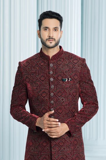 Maroon Color Velvet Fabric Engaging Indo Western For Men