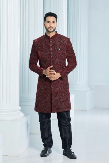 Maroon Color Velvet Fabric Engaging Indo Western For Men