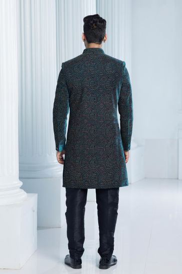 Teal Color Trendy Indo Western For Men In Velvet Fabric