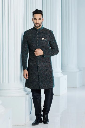 Teal Color Trendy Indo Western For Men In Velvet Fabric