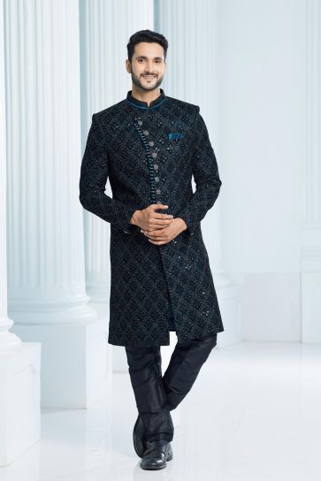 Creative Teal Color Velvet Fabric Indo Western For Men