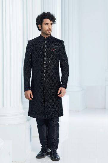 Excellent Velvet Fabric Black Color Indo Western For Men