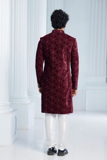 Beguiling Maroon Color Velvet Fabric Indo Western For Men