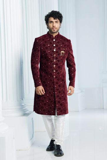 Beguiling Maroon Color Velvet Fabric Indo Western For Men