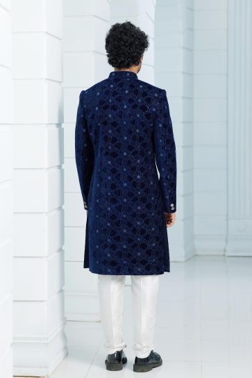 Incredible Velvet Fabric Navy Blue Color Indo Western For Men