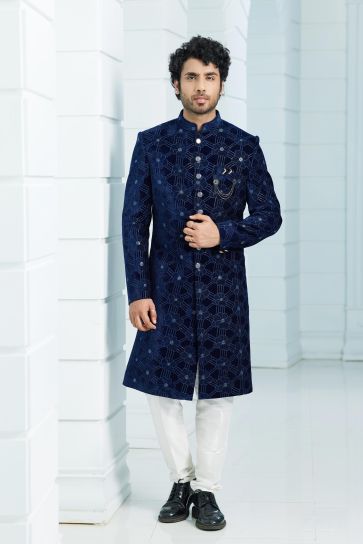 Incredible Velvet Fabric Navy Blue Color Indo Western For Men