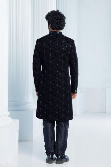 Tempting Velvet Fabric Black Color Indo Western For Men