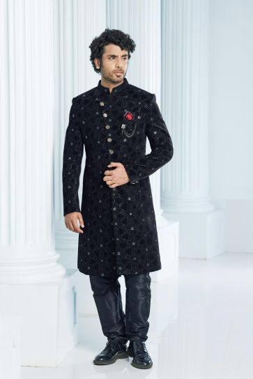 Tempting Velvet Fabric Black Color Indo Western For Men