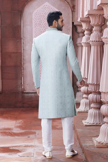 Appealing Light Cyan Color Art Silk Fabric Readymade Sherwani For Men