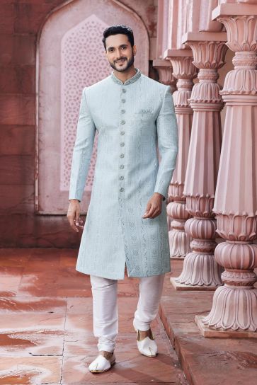 Appealing Light Cyan Color Art Silk Fabric Readymade Sherwani For Men