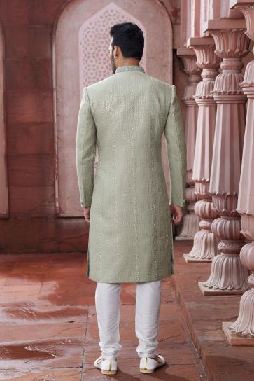 Engaging Dark Beige Color Readymade Art Silk Fabric Sherwani For Men