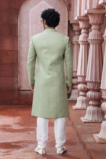 Captivating Art Silk Fabric Readymade Sea Green Color Sherwani For Men