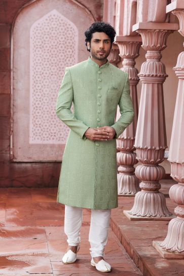 Captivating Art Silk Fabric Readymade Sea Green Color Sherwani For Men