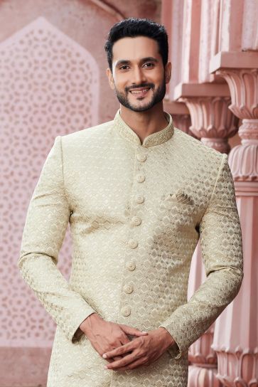 Fetching Art Silk Fabric Readymade Sherwani For Men In Beige Color