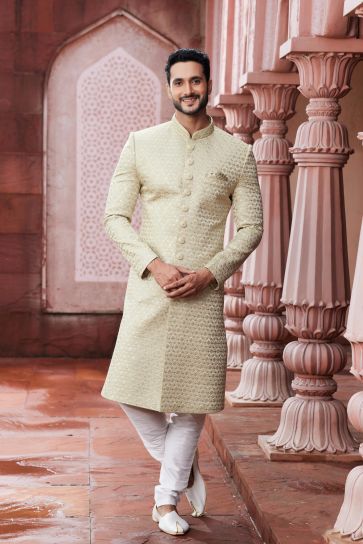 Fetching Art Silk Fabric Readymade Sherwani For Men In Beige Color