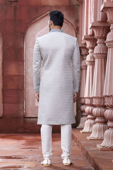 Stunning Gary Color Readymade Sherwani For Men In Art Silk Fabric
