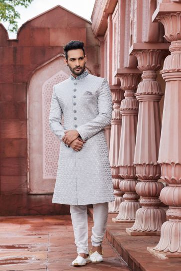 Stunning Gary Color Readymade Sherwani For Men In Art Silk Fabric