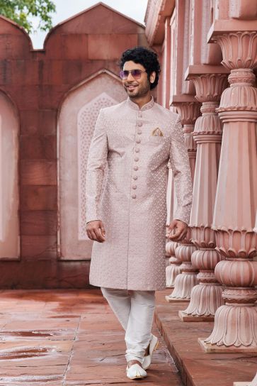 Striking Pink Color Art Silk Fabric Readymade Sherwani For Men