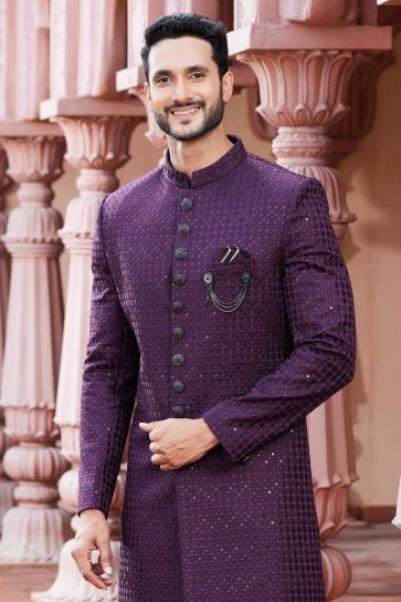 Vivacious Art Silk Fabric Readymade Sherwani For Men In Purple Color