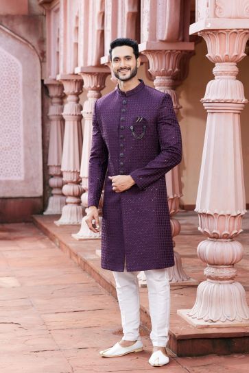 Vivacious Art Silk Fabric Readymade Sherwani For Men In Purple Color