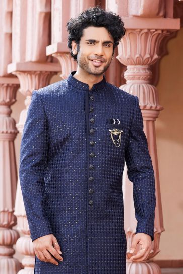 Blissful Navy Blue Color Art Silk Fabric Sherwani For Men