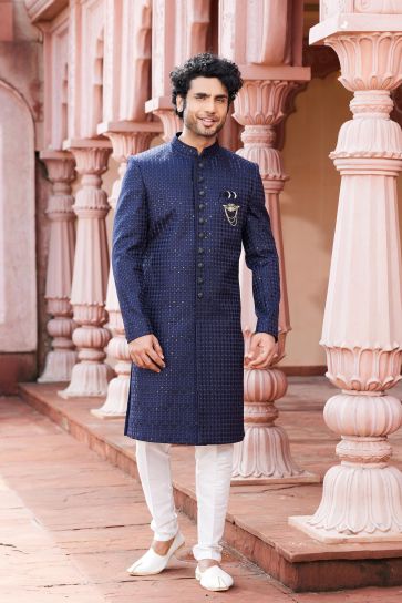 Blissful Navy Blue Color Art Silk Fabric Sherwani For Men