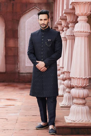 Attractive Black Color Readymade Sherwani For Men In Art Silk Fabric