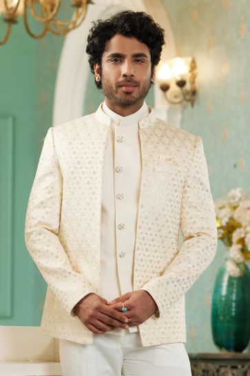 Dazzling Cream Color Function Wear Readymade Jodhpuri For Men In Art Silk Fabric