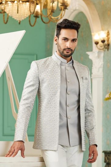 Art Silk Fabric Grey Color Lavish Function Wear Readymade Jodhpuri For Men