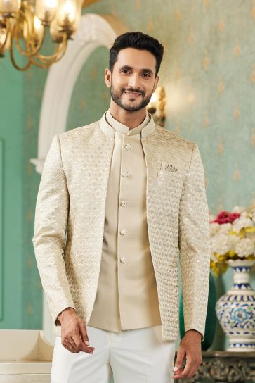 Magnificent Function Wear Art Silk Fabric Beige Color Readymade Jodhpuri For Men
