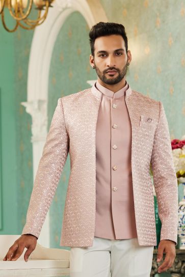 Pink Color Function Wear Splendid Readymade Jodhpuri For Men In Art Silk Fabric