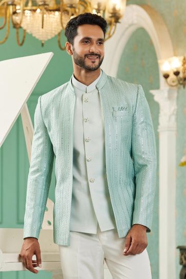 Art Silk Fabric Brilliant Function Wear Readymade Jodhpuri For Men In Sea Green Color