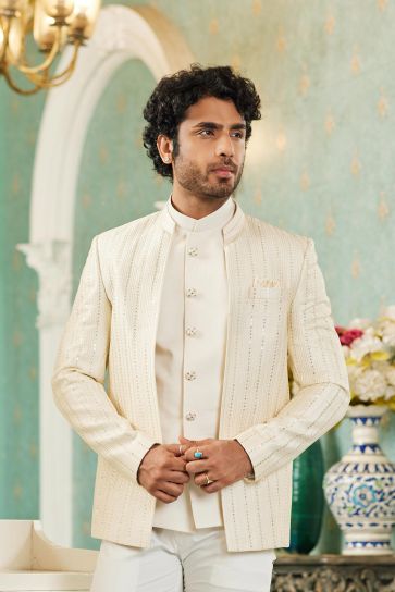 Art Silk Fabric Cream Color Stunning Readymade Jodhpuri For Men In Function Wear