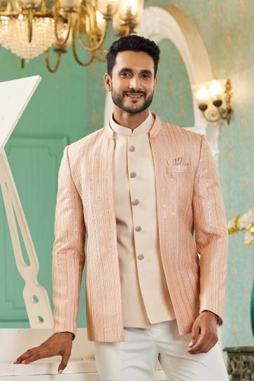 Peach Color Function Wear Readymade Jodhpuri For Men In Charming Art Silk Fabric