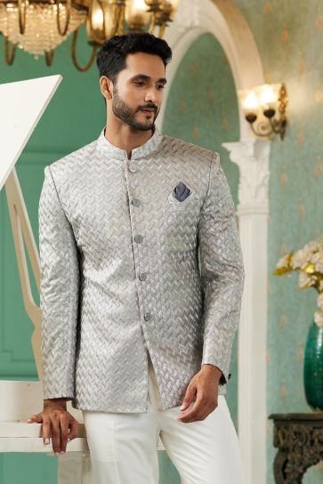 Grey Color Art Silk Fabric Luxurious Readymade Jodhpuri For Men In Function Wear