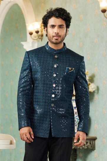 Teal Color Function Wear Readymade Jodhpuri For Men In Soothing Art Silk Fabric