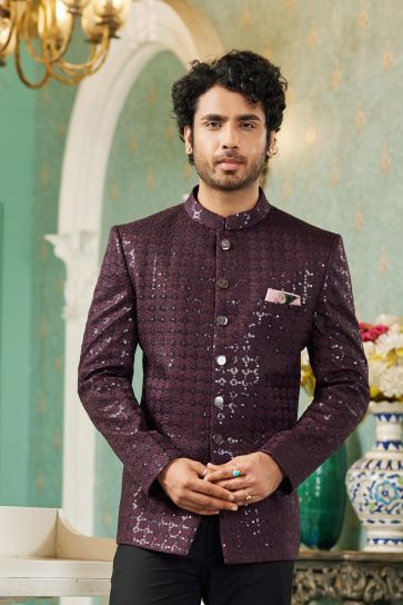 Aristocratic Function Wear Wine Color Art Silk Fabric Readymade Jodhpuri For Men