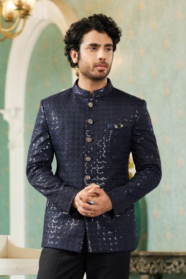 Elegant Navy Blue Color Art Silk Fabric Function Wear Readymade Jodhpuri For Men