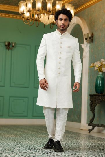 Fascinate Jacquard Silk Fabric Indo Western For Men In Off White Color