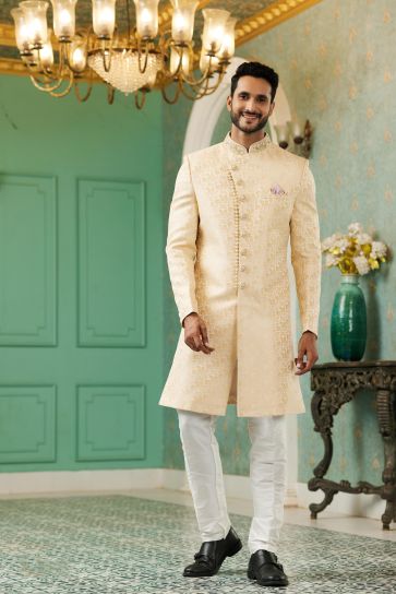 Remarkable Beige Color Jacquard Silk Fabric Indo Western For Men
