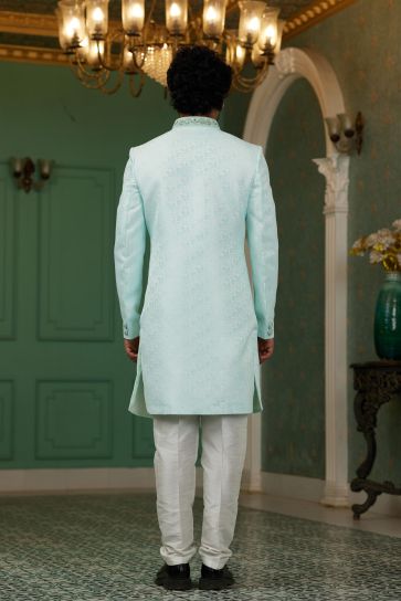 Sober Jacquard Silk Fabric Indo Western In Sea Green Color
