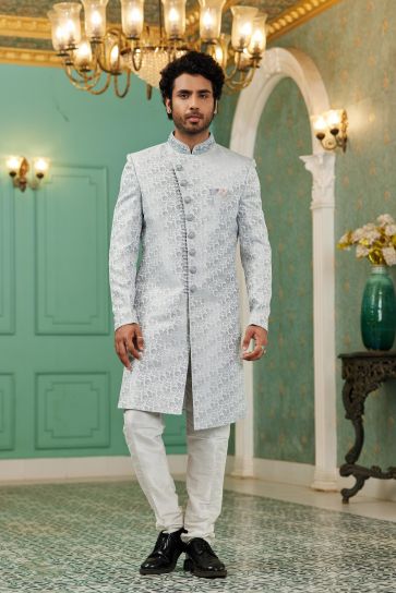 Graceful Gray Color Jacquard Silk Fabric Readymade Indo Western For Men