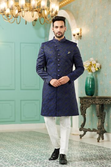 Intriguing Navy Blue Color Readymade Indo Western For Men In Jacquard Silk Fabric