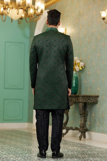 Readymade Dark Green Color Jacquard Silk Fabric Royal Indo Western For Men