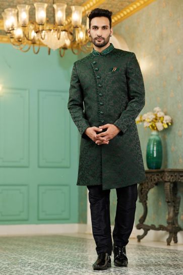 Readymade Dark Green Color Jacquard Silk Fabric Royal Indo Western For Men