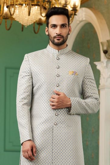 Jacquard Silk Fabric Stylish Readymade Indo Western For Men In Grey Color