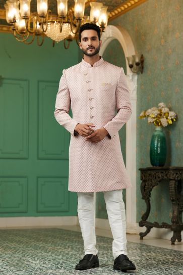 Engaging Pink Color Jacquard Silk Fabric Readymade Indo Western For Men