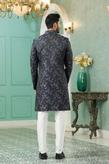 Enriching Navy Blue Color Jacquard Silk Fabric Indo Western For Men